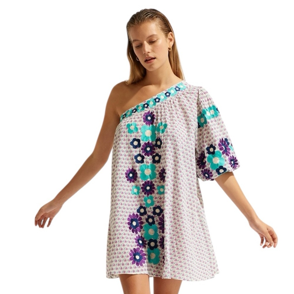 ANTIK BATIK Apoline White Blue Purple One Shoulder Embroidered Mini Dress Large